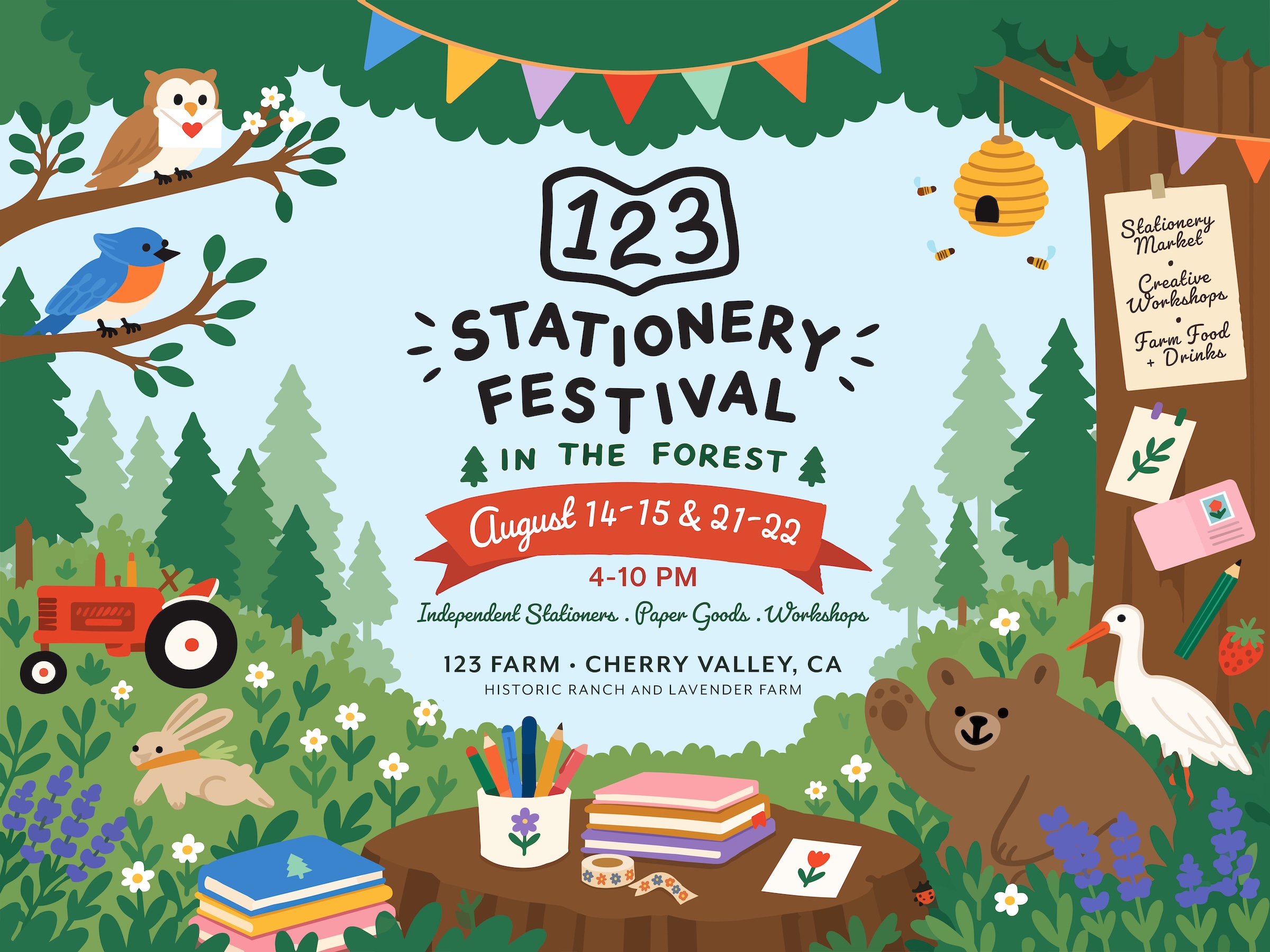 123 Stationery Festival in the Forest — August 14–15 & 21–22, 4–10 PM at 123 Farm, Cherry Valley CA